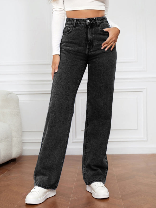 Women's High Waist Washed Straight Leg Jeans Black