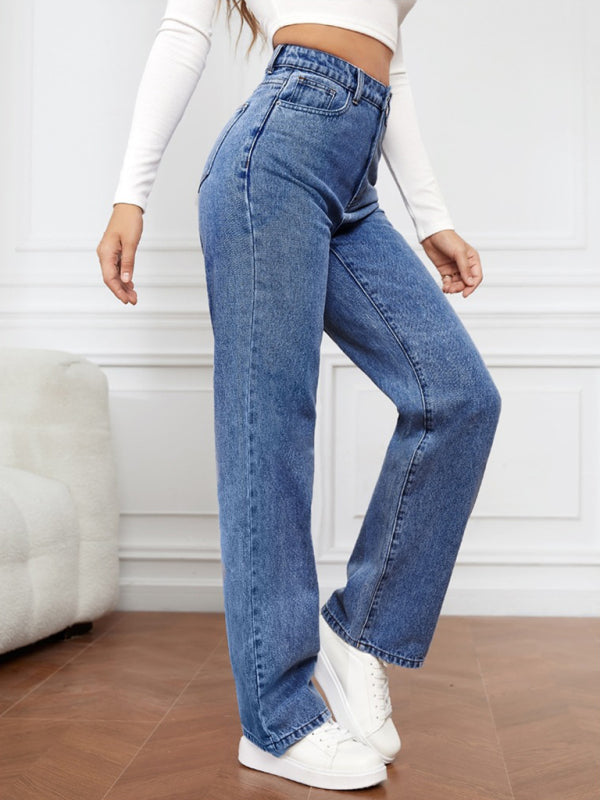 Women's High Waist Washed Straight Leg Jeans