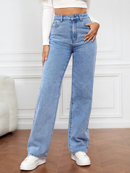 Women's High Waist Washed Straight Leg Jeans Clear blue