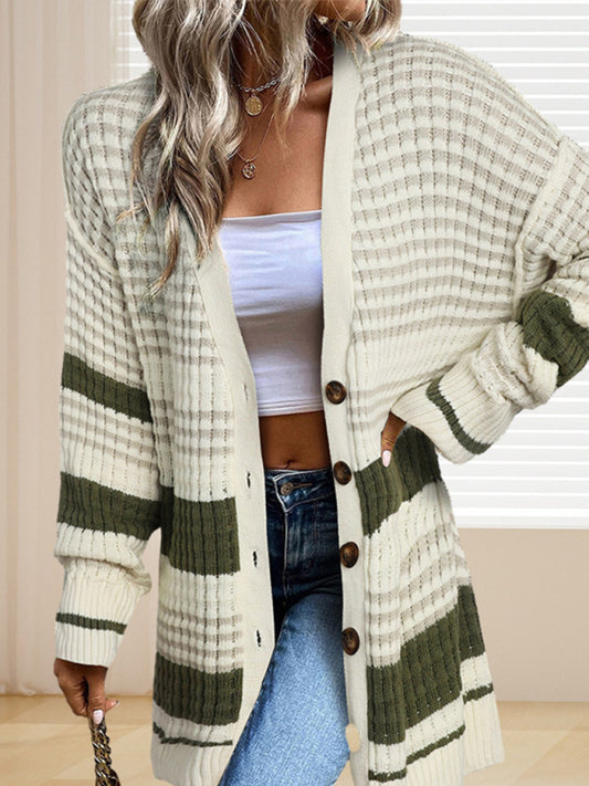 Women's mid-length striped single-breasted coat cardigan Green