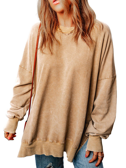 Women's loose side slit pullover knitted top Khaki