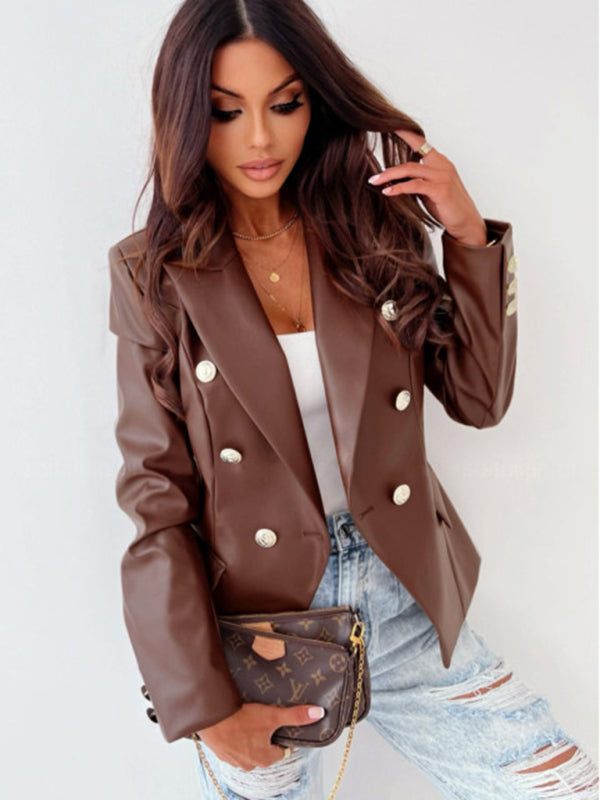 Women's new long-sleeved double-breasted fashionable PU leather suit