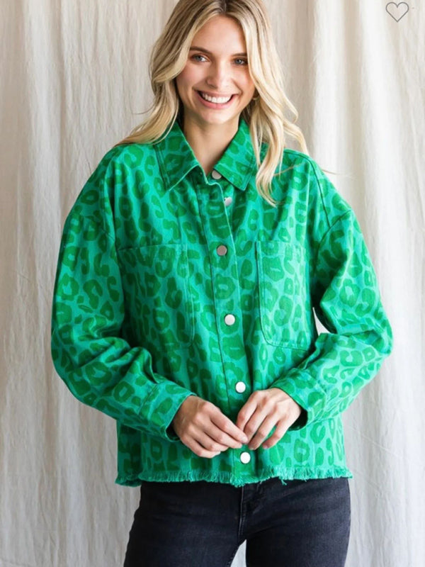 Women's Fashion Printed Long Sleeve Loose Pocket Shirt Green