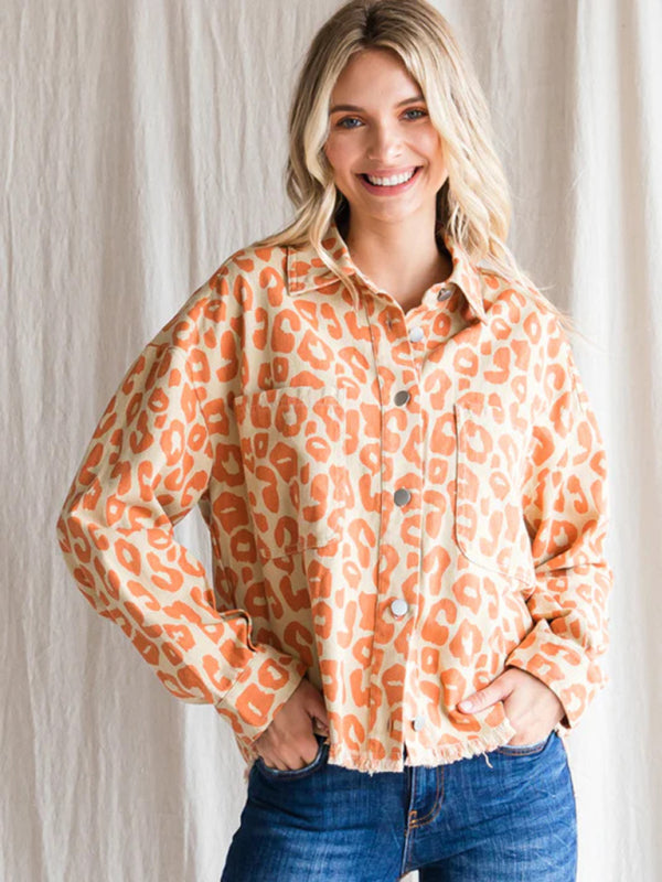 Women's Fashion Printed Long Sleeve Loose Pocket Shirt Orange