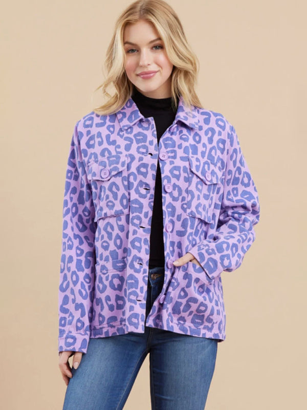 Women's Fashion Printed Long Sleeve Loose Pocket Shirt Purple