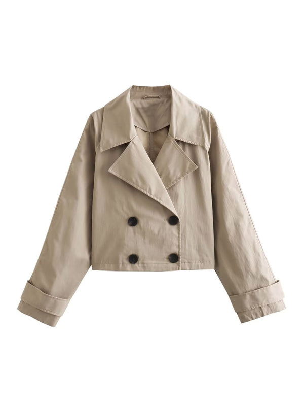 Women's New Slim Long Sleeve Short Casual Windbreaker Double Breasted Jacket Khaki