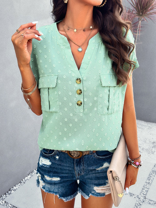 Women's new temperament casual jacquard V-neck button top Green