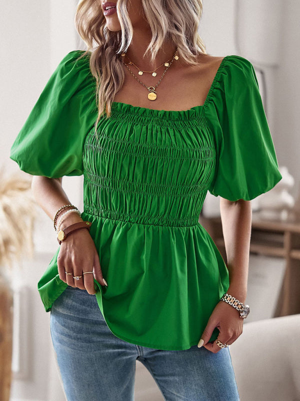 Women's New French Square Neck Waist Top Green