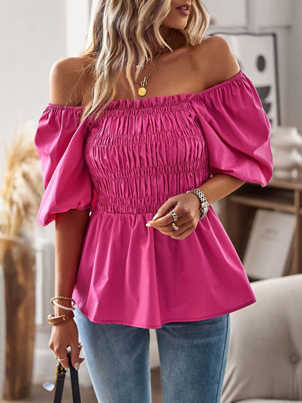 Women's New French Square Neck Waist Top Pink