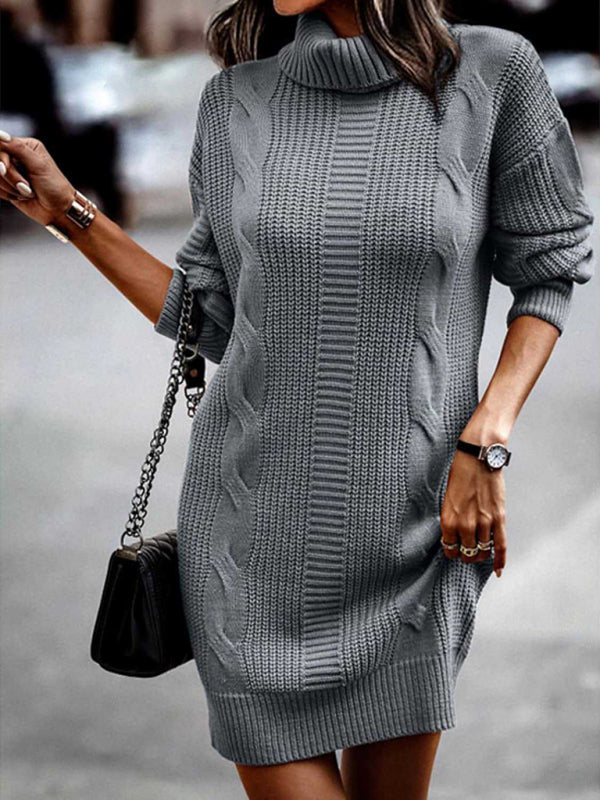 Women's Mid-Length Turtleneck Long Sleeve Sweater Dress Black