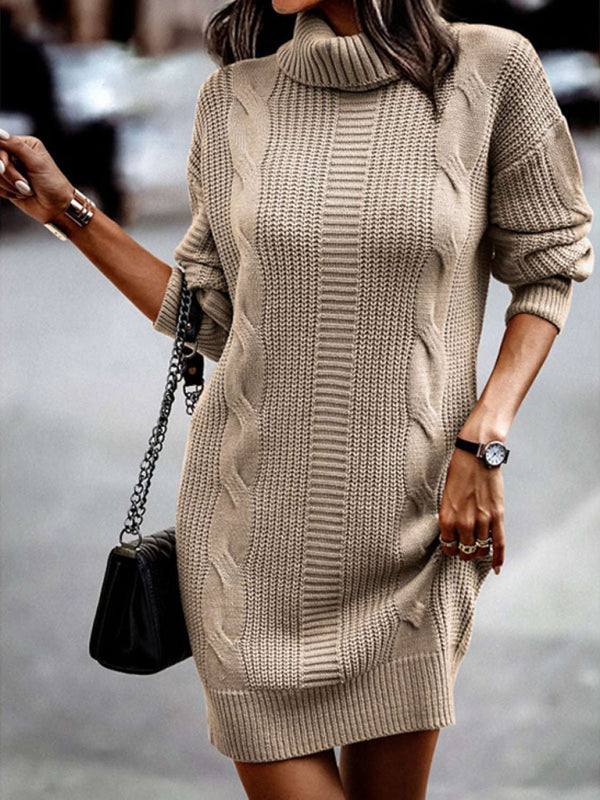 Women's Mid-Length Turtleneck Long Sleeve Sweater Dress Khaki