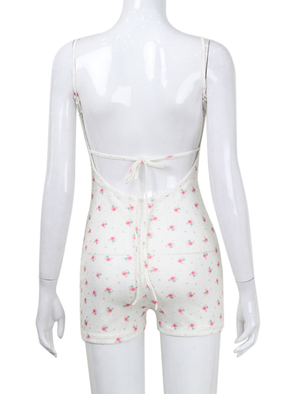 Floral print backless strap fashion suspender bodysuit