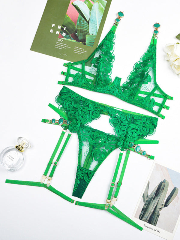 New embroidered bra retro decorative sexy push-up underwear set Green