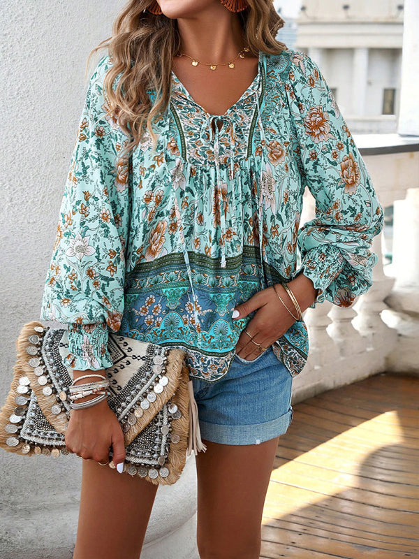 Women's Bohemian Casual Floral Print blouse Blue