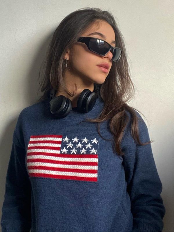 Women's Independence Day American Flag Graphic Pullover Sweater Purplish blue navy