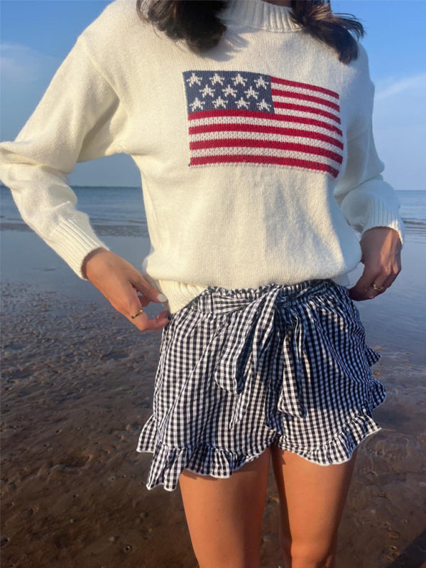 Women's Independence Day American Flag Graphic Pullover Sweater White