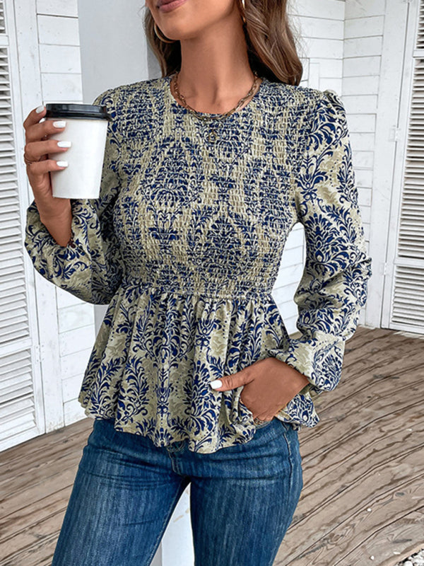 Ladies New Round Neck Elegant Slim Long Sleeve Print Blue