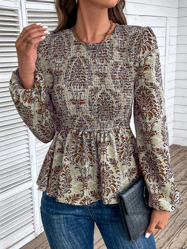 Ladies New Round Neck Elegant Slim Long Sleeve Print Coffee