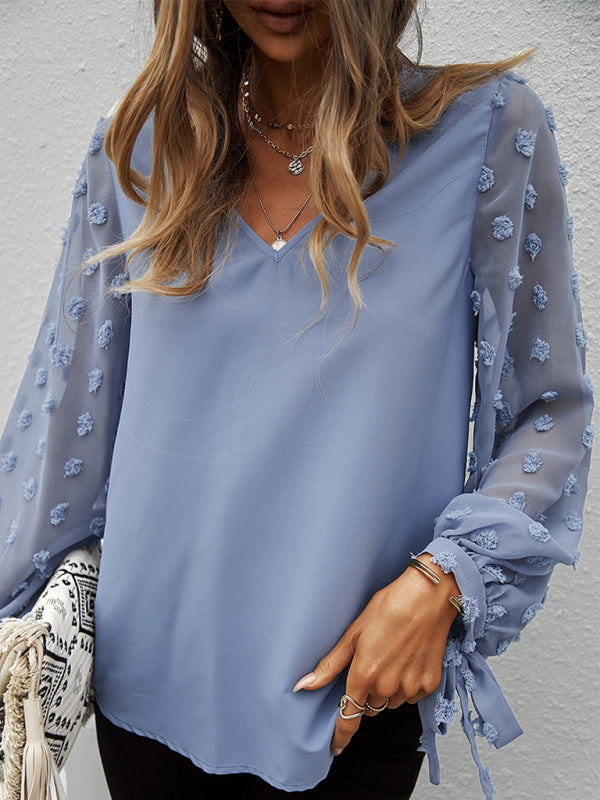 Women's elegant V-neck puff sleeve shirt Blue