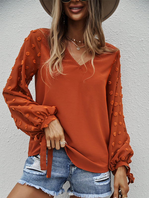 Women's elegant V-neck puff sleeve shirt Orange