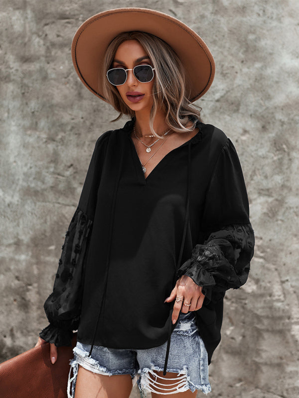 Women's Elegant Lace Stand Collar Puff Sleeve Shirt Black