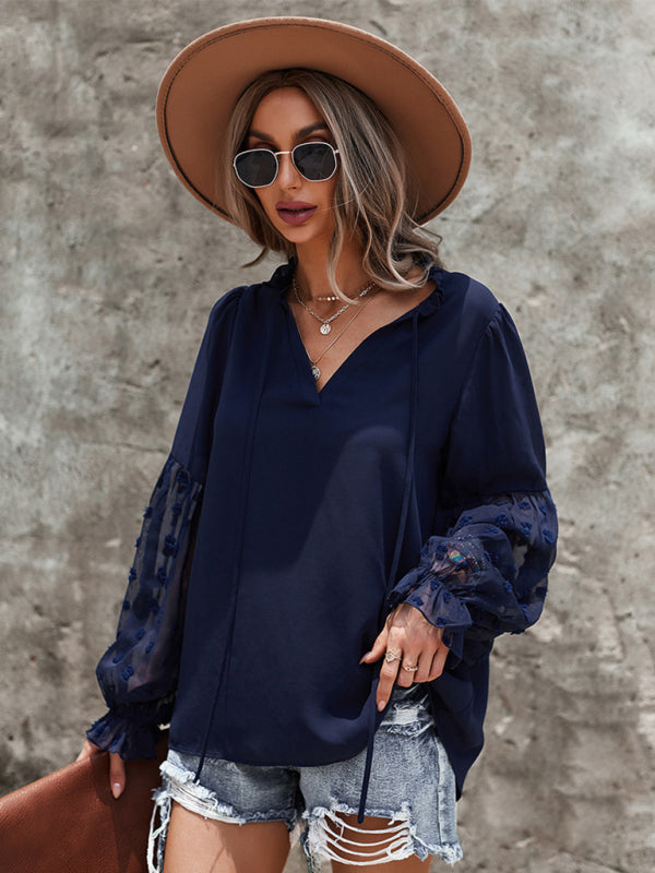 Women's Elegant Lace Stand Collar Puff Sleeve Shirt