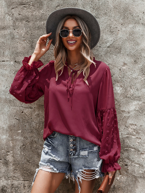 Women's Elegant Lace Stand Collar Puff Sleeve Shirt Red