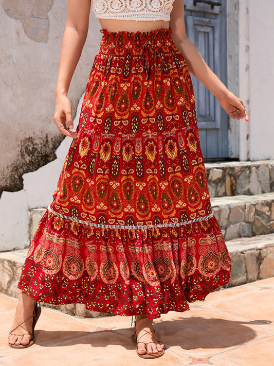 New Women's Bohemian Hollow Printed Patchwork Skirt Red