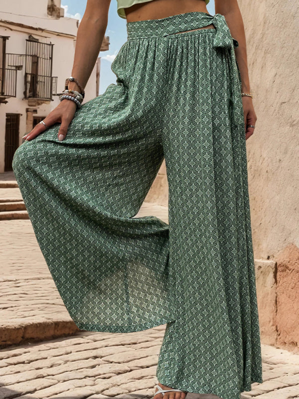 New women's lace-up high-waisted casual printed wide-leg trousers Green