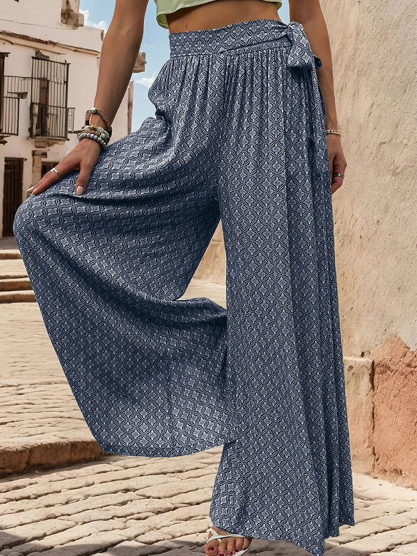 New women's lace-up high-waisted casual printed wide-leg trousers Champlain color