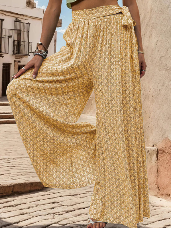 New women's lace-up high-waisted casual printed wide-leg trousers Yellow