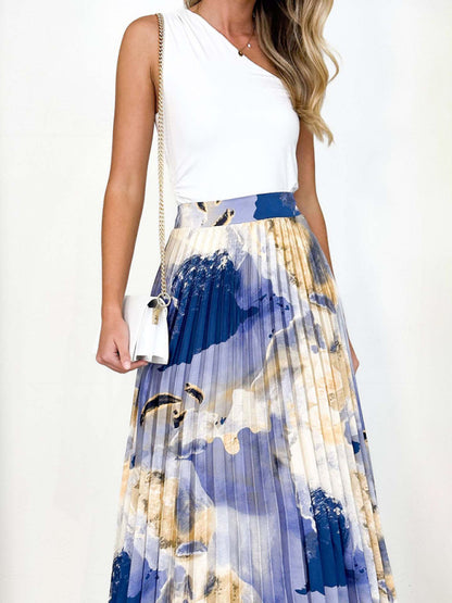 Women's printed draped A-line pleated skirt Blue