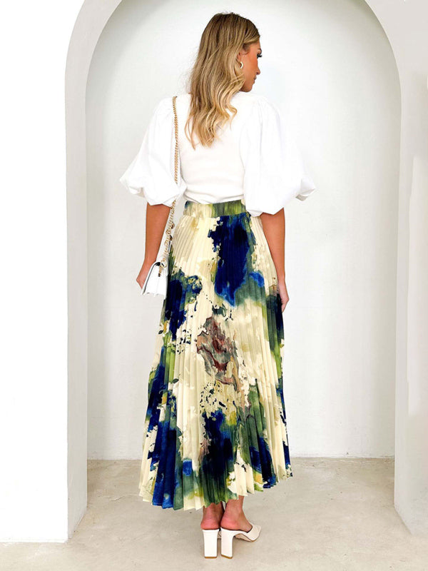 Women's printed draped A-line pleated skirt