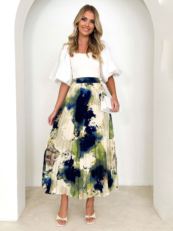 Women's printed draped A-line pleated skirt