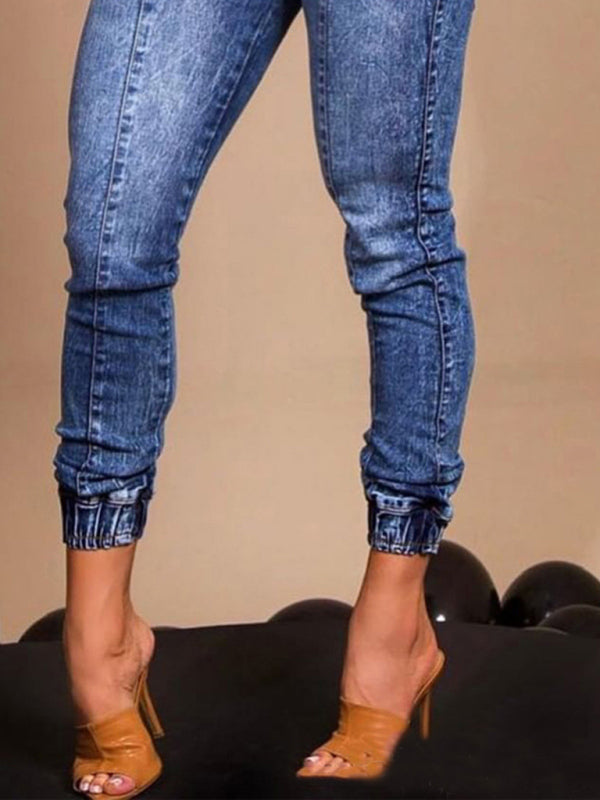 Women's elastic waist tie slim fit jeans