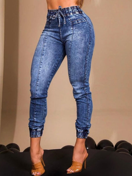 Women's elastic waist tie slim fit jeans Blue