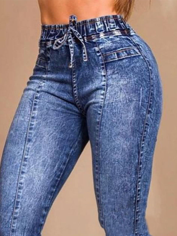 Women's elastic waist tie slim fit jeans