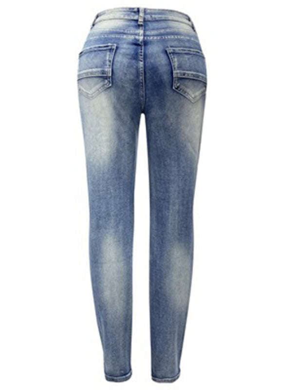 Women's washed high elastic denim pencil pants Blue