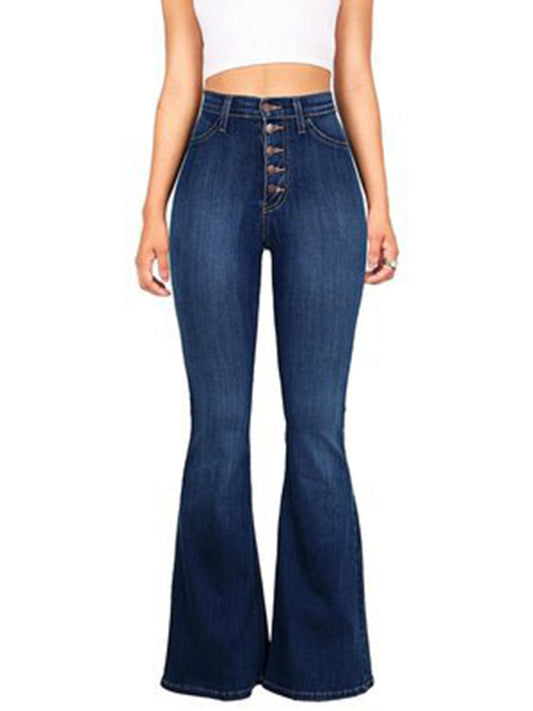 Women's new high-waist washed button slim fit slightly flared wide-leg denim trousers Purplish blue navy