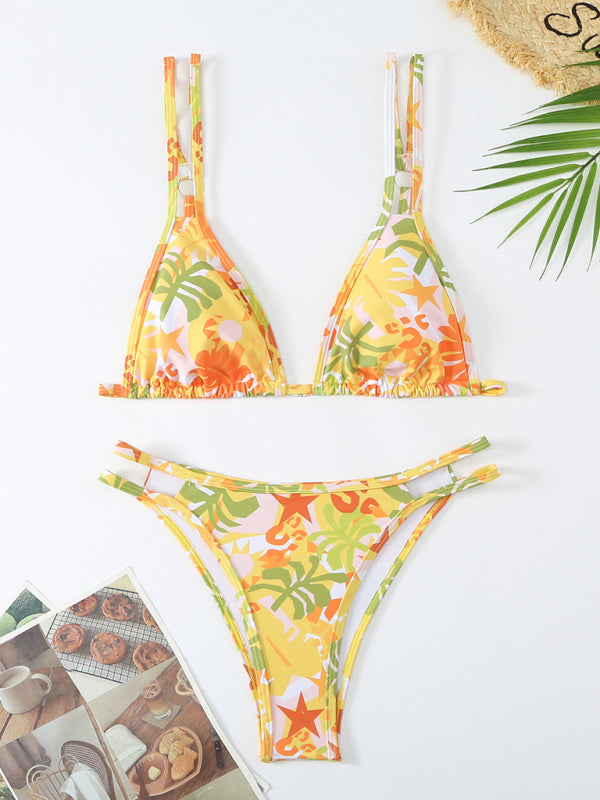 Women's New Bikini Floral Print Double Strap Swimsuit Yellow