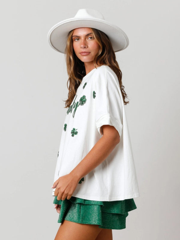 Women's St. Patrick's lucky four-leaf clover sequined top loose T-shirt White