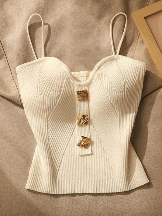 New style knitted tube top camisole with decorative buttoned blouse inside White FREESIZE