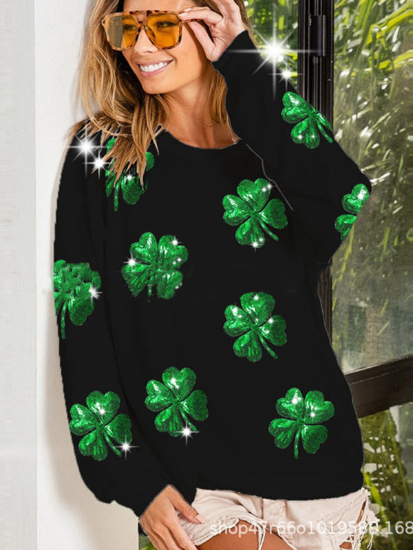 Women's orchid St. Patrick's four-leaf clover sequined casual sweatshirt Black