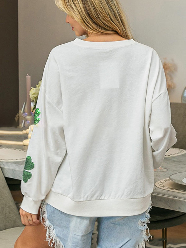 Women's orchid St. Patrick's four-leaf clover sequined casual sweatshirt