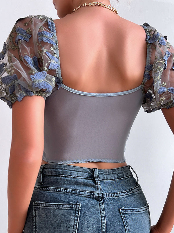 New women's puff sleeve sexy floral navel cropped top