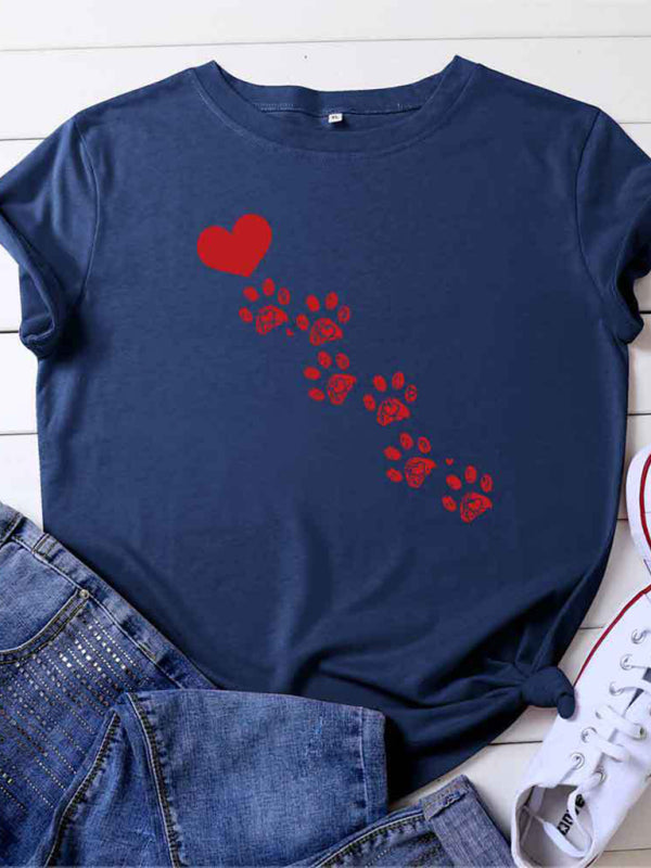 Paw Print Heart T-Shirt Purplish blue navy