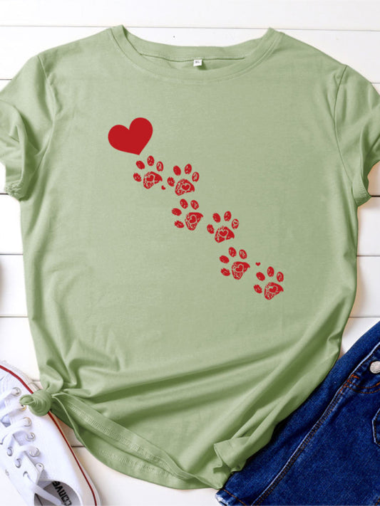 New women's casual love animal footprint casual cotton short-sleeved T-shirt Pea green grey