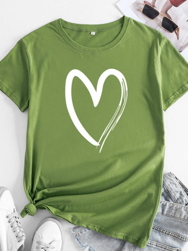 Heart Print Cotton T-Shirt Olive green