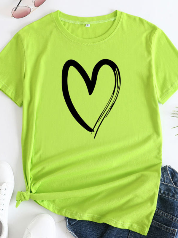 Heart Print Cotton T-Shirt Bud green