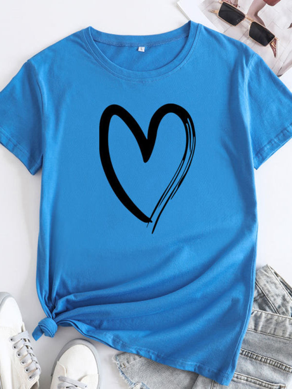 Heart Print Cotton T-Shirt Blue